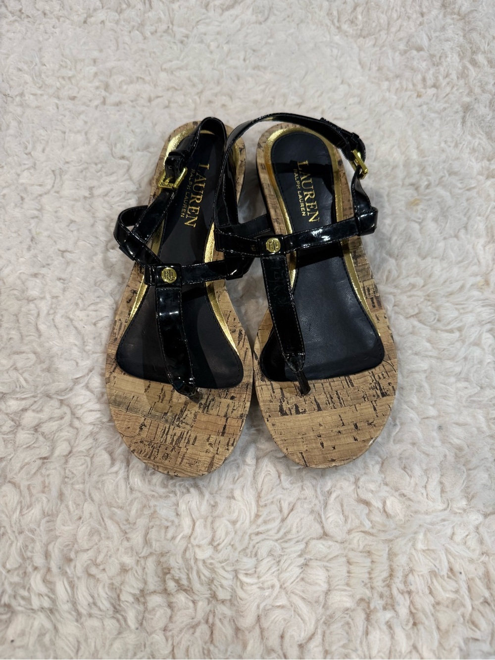 Lauren Ralph Lauren Black Patent Cork Wedge Thong Sandals